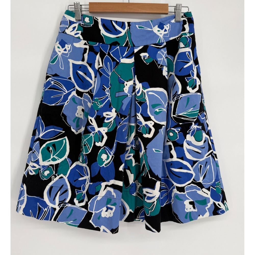 East 5th Womens Floral A-Line Skirt Blue Black Teal Sz 8 Cotton Blend Pleated